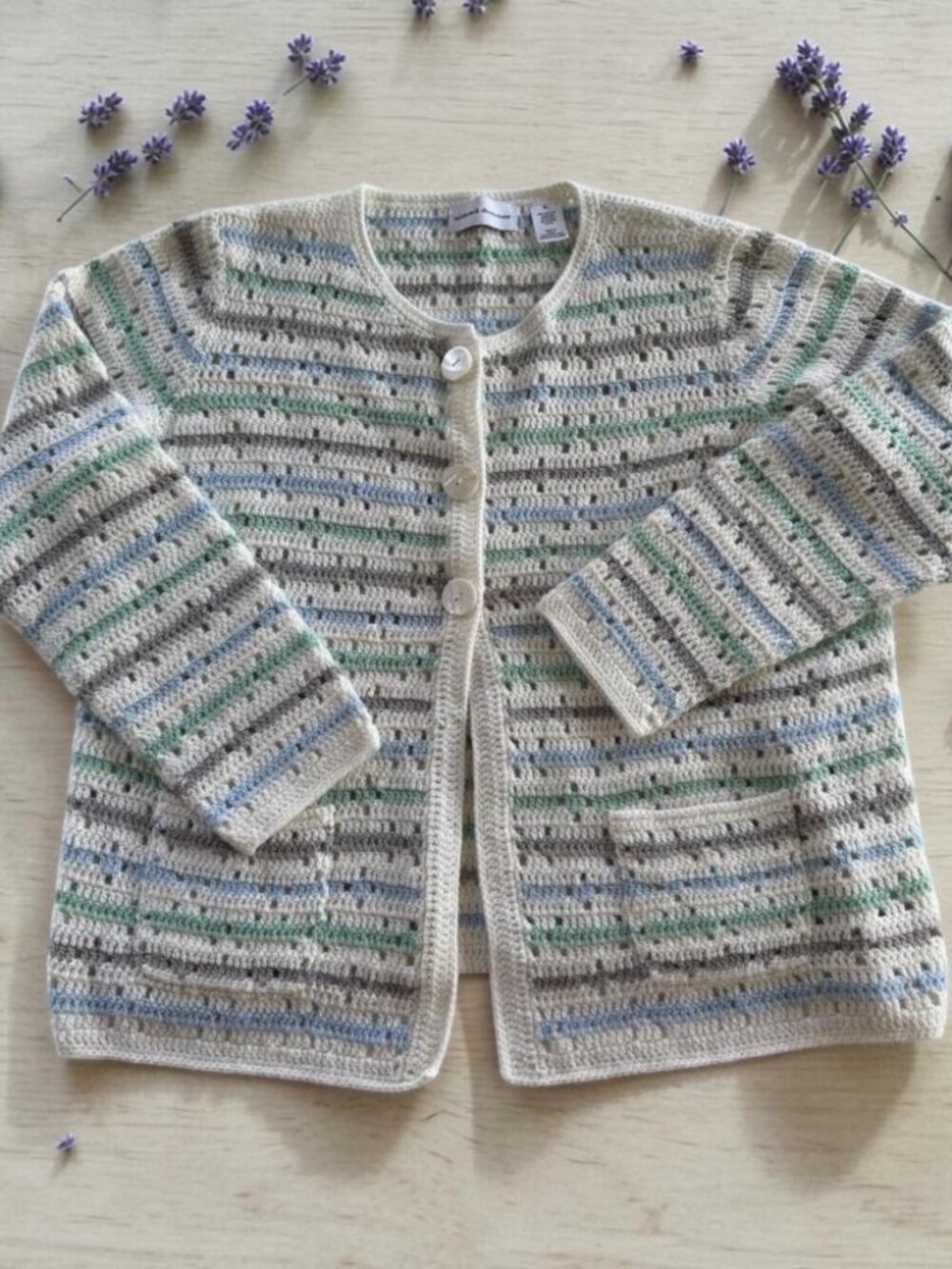 Alfred Dunner‎ Cardigan XL Pastel Striped Open Knit Cottagecore Grandma
